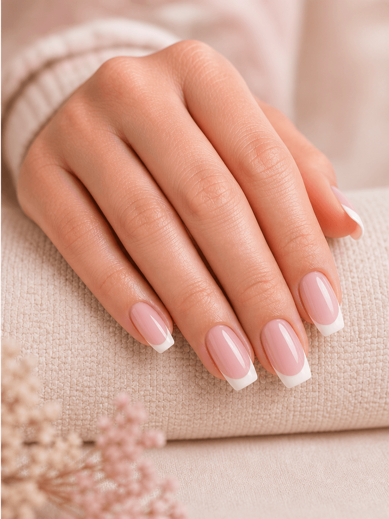 Glossy milky-pink BIAB manicure after the appointment